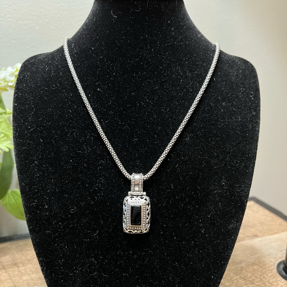 Sterling Silver Black Onyx Pendant Necklace - Popcorn Chain